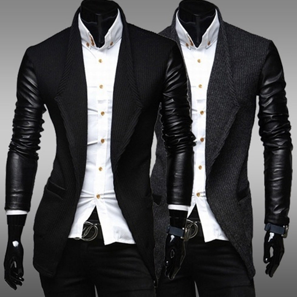 Fashion Men Jacket Formal Long Sleeve Slim Faux Leather Wedding Coat Outwear