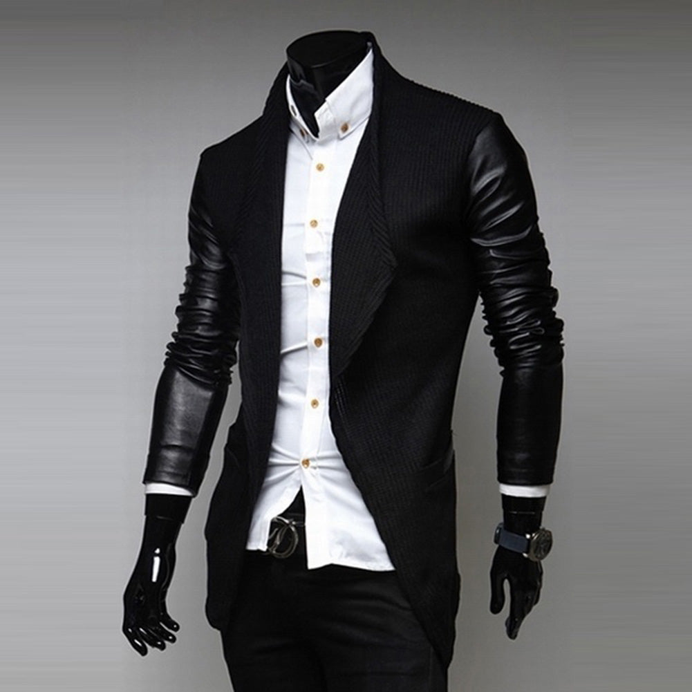 Fashion Men Jacket Formal Long Sleeve Slim Faux Leather Wedding Coat Outwear