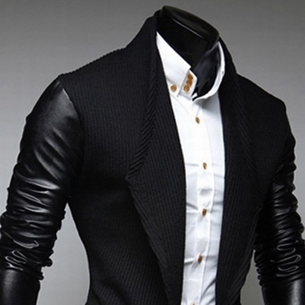 Fashion Men Jacket Formal Long Sleeve Slim Faux Leather Wedding Coat Outwear
