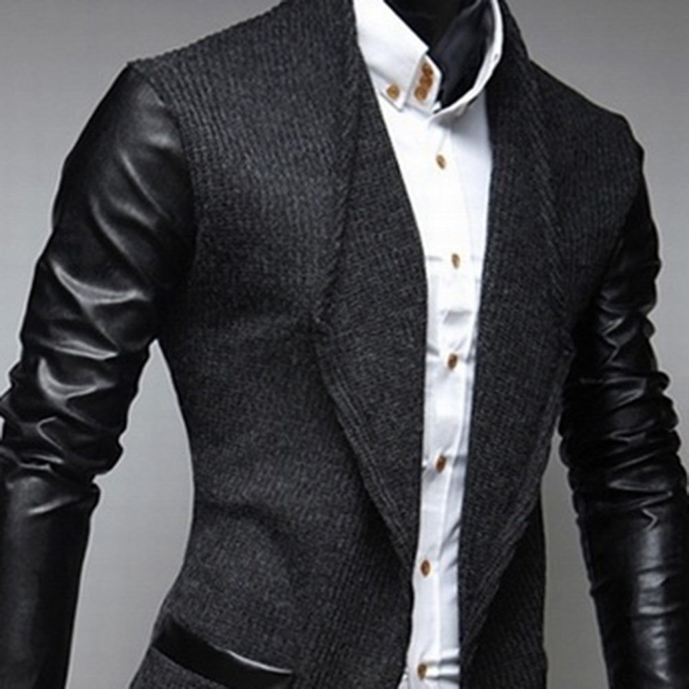 Fashion Men Jacket Formal Long Sleeve Slim Faux Leather Wedding Coat Outwear