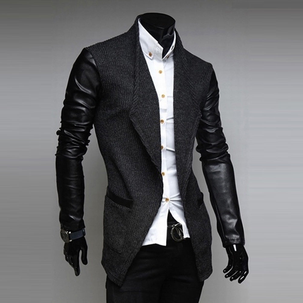 Fashion Men Jacket Formal Long Sleeve Slim Faux Leather Wedding Coat Outwear