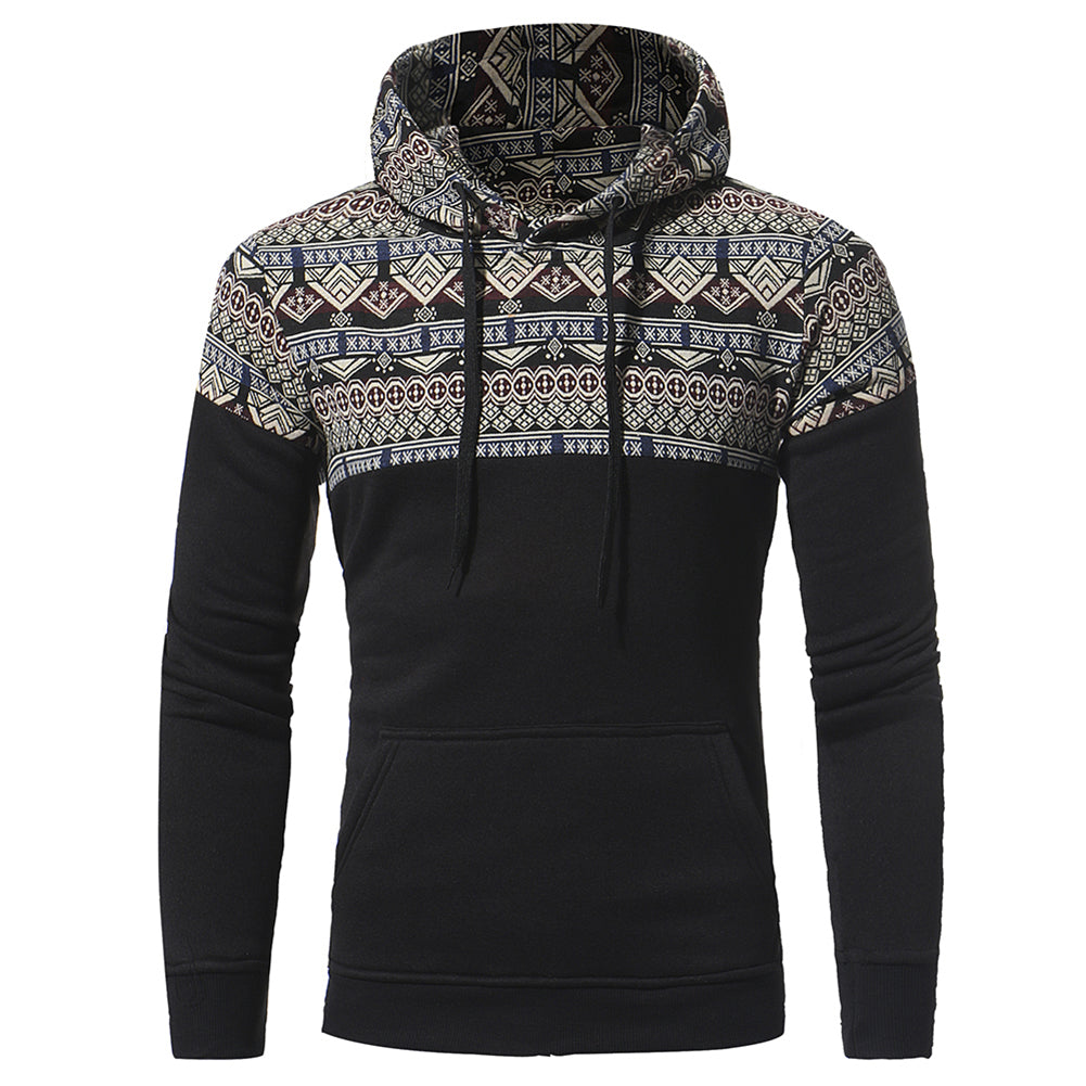 Ethnic Geometric Pattern Patchwork Casual Hoodie Slim Men Hooded Sweatershirt