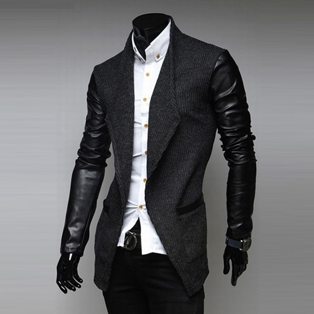 Fashion Men Jacket Formal Long Sleeve Slim Faux Leather Wedding Coat Outwear