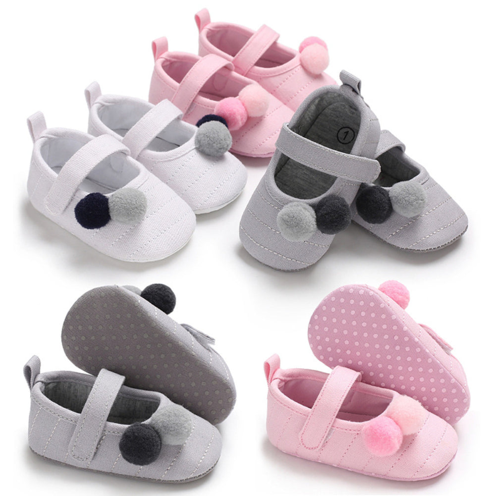 Cute Pompom Solid Color Toddler Baby Girl Prewalker Anti-slip Princess Shoes