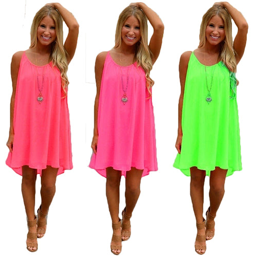 Sexy Women Spaghetti Strap Loose Sleeveless Summer Beach Chiffon Mini Dress