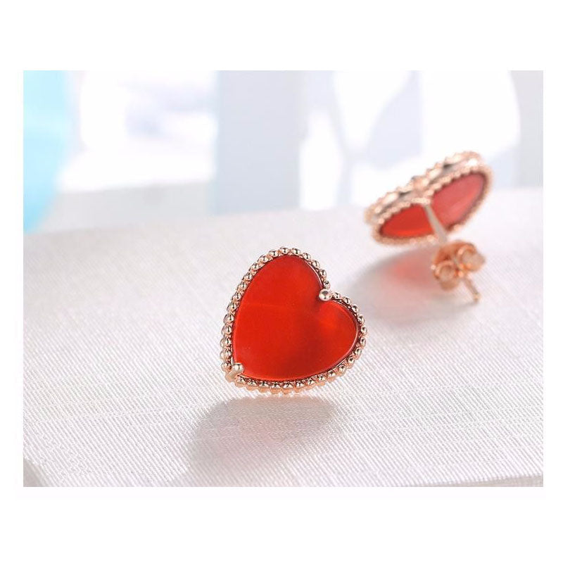 ES52 925 Sterling Sliver Red Agate Stud Earrings Fashion All-Match Heart Shaped Ear Clip Simple Ladies Jewelry