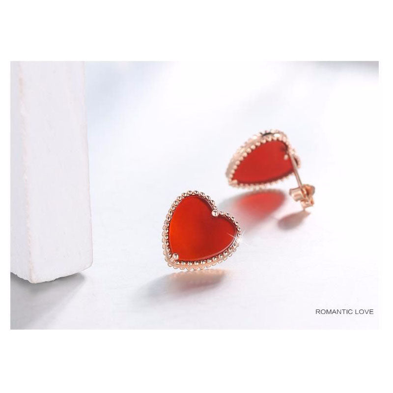 ES52 925 Sterling Sliver Red Agate Stud Earrings Fashion All-Match Heart Shaped Ear Clip Simple Ladies Jewelry