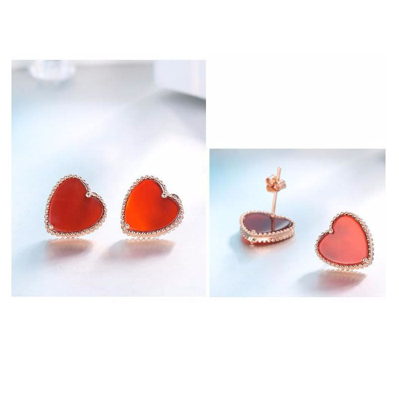 ES52 925 Sterling Sliver Red Agate Stud Earrings Fashion All-Match Heart Shaped Ear Clip Simple Ladies Jewelry