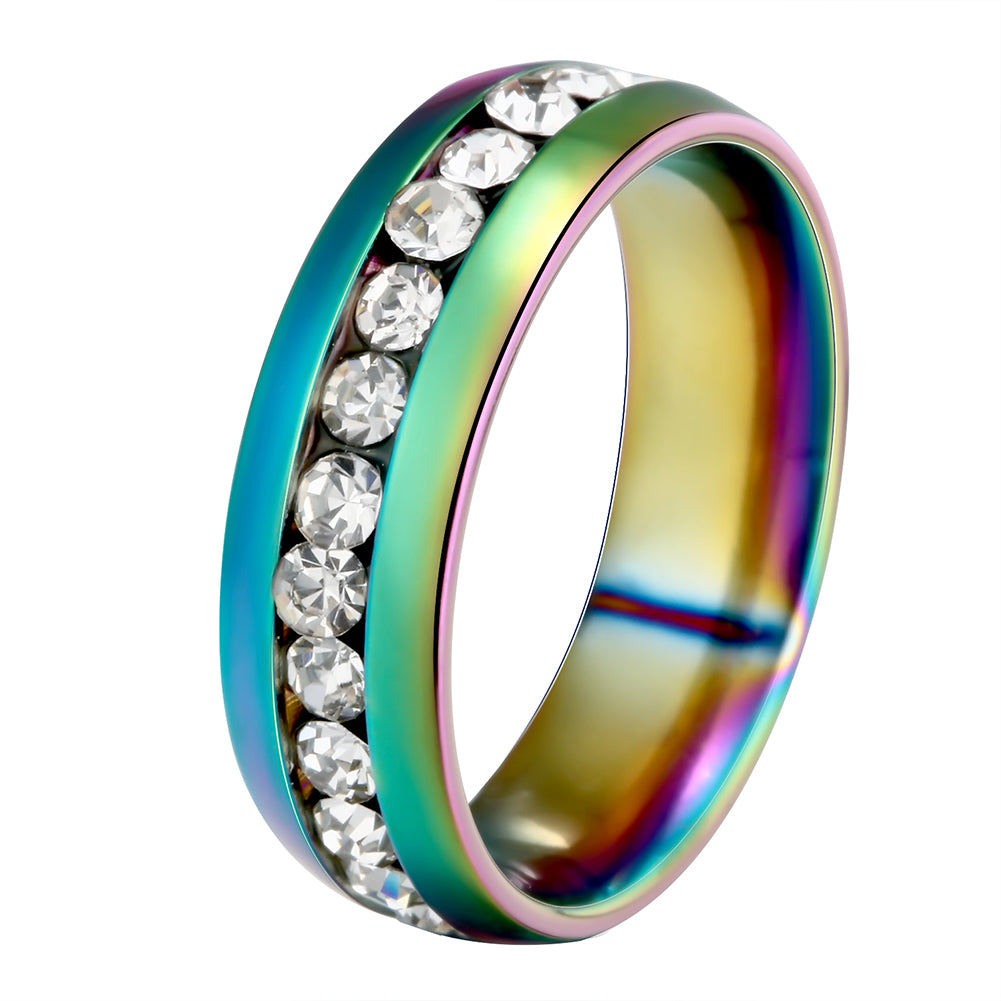 Unisex Cool Stainless Steel Rhinestone Embedded Rainbow Luster Finger Ring Gift