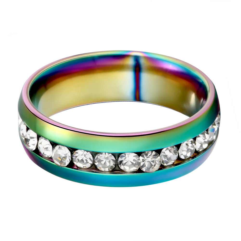 Unisex Cool Stainless Steel Rhinestone Embedded Rainbow Luster Finger Ring Gift