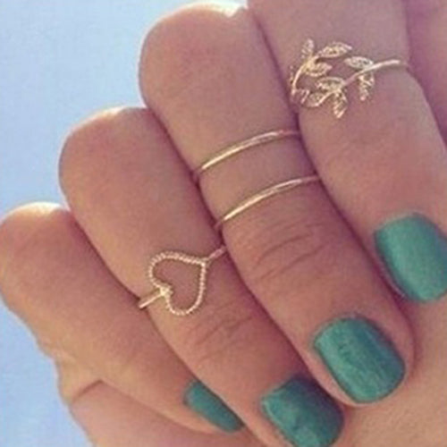 4Pcs/Set Rhinestone Leaf Heart Above Knuckle Midi Stack Ring Boho Party Jewelry