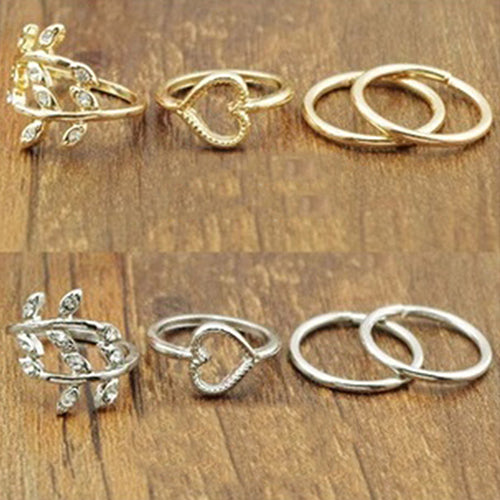4Pcs/Set Rhinestone Leaf Heart Above Knuckle Midi Stack Ring Boho Party Jewelry