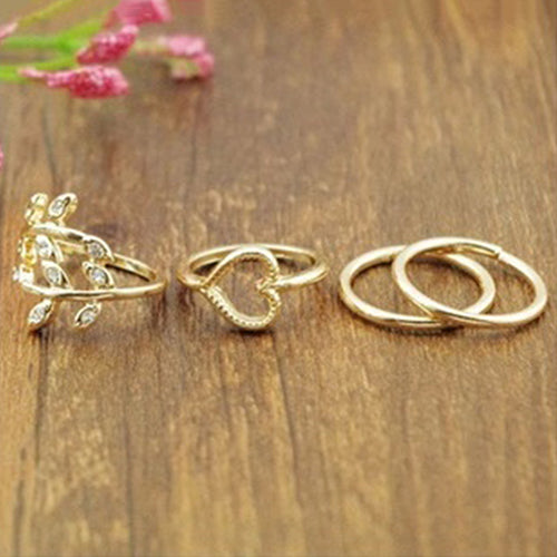 4Pcs/Set Rhinestone Leaf Heart Above Knuckle Midi Stack Ring Boho Party Jewelry
