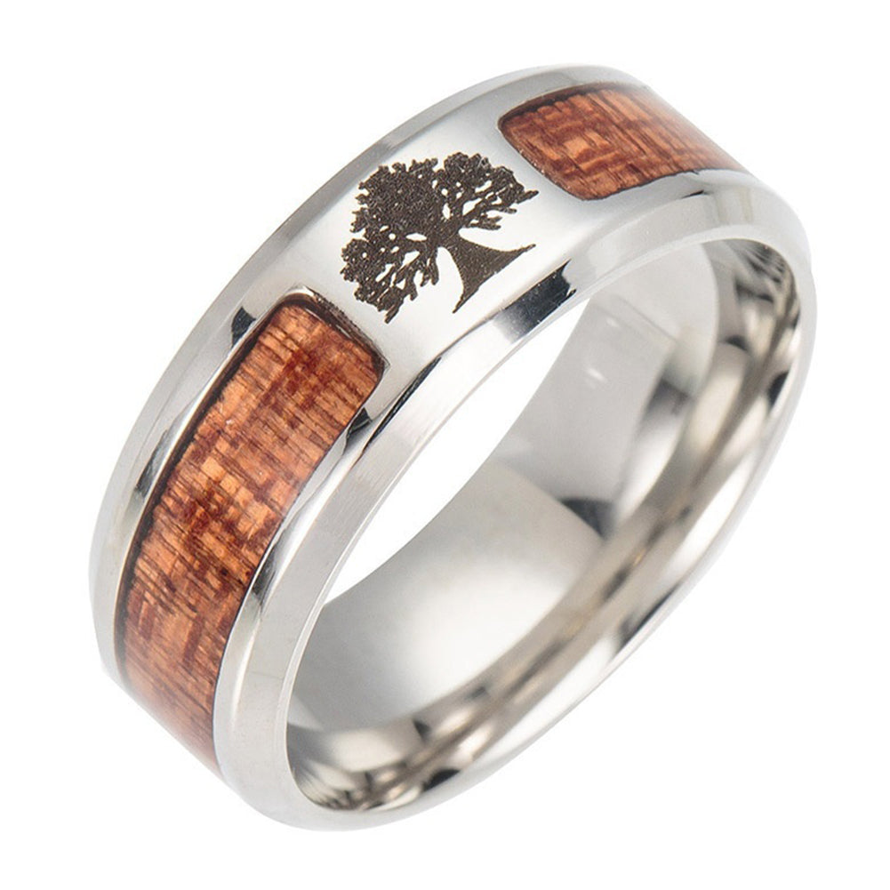 Unisex Wood Inlaid Stainless Steel Tree of Life Cross Finger Ring Jewelry Gift