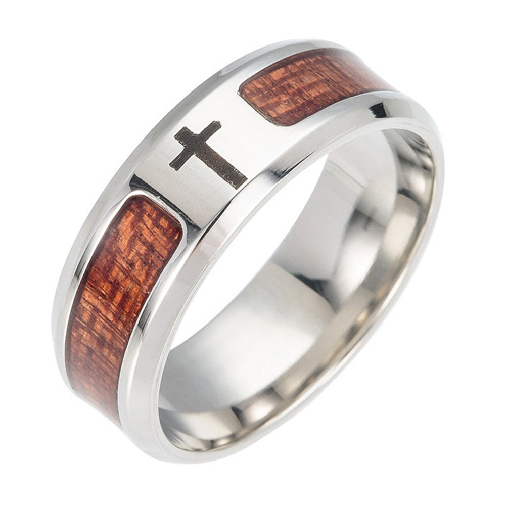 Unisex Wood Inlaid Stainless Steel Tree of Life Cross Finger Ring Jewelry Gift