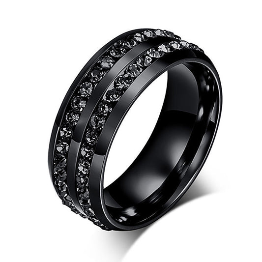 Women's Men's Fashion Black Rhinestone Stainless Steel Ring Wedding Band Gift