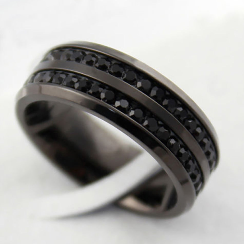 Women's Men's Fashion Black Rhinestone Stainless Steel Ring Wedding Band Gift