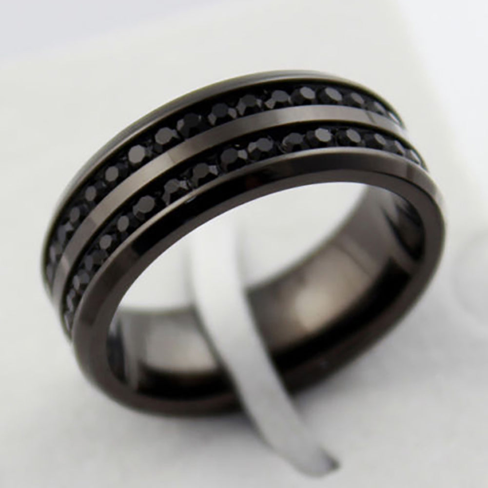 Women's Men's Fashion Black Rhinestone Stainless Steel Ring Wedding Band Gift