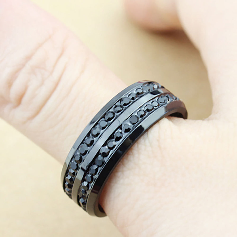 Women's Men's Fashion Black Rhinestone Stainless Steel Ring Wedding Band Gift