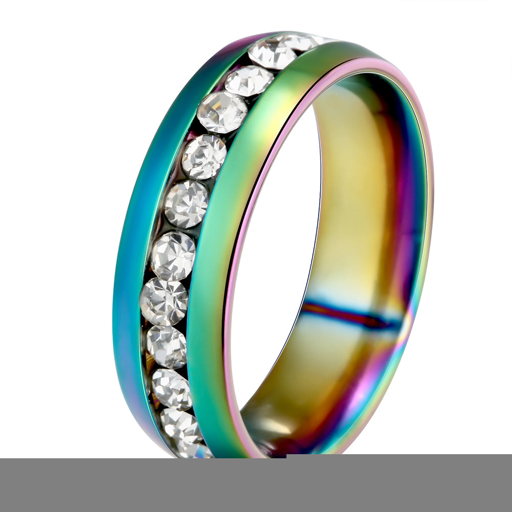 Unisex Cool Stainless Steel Rhinestone Embedded Rainbow Luster Finger Ring Gift