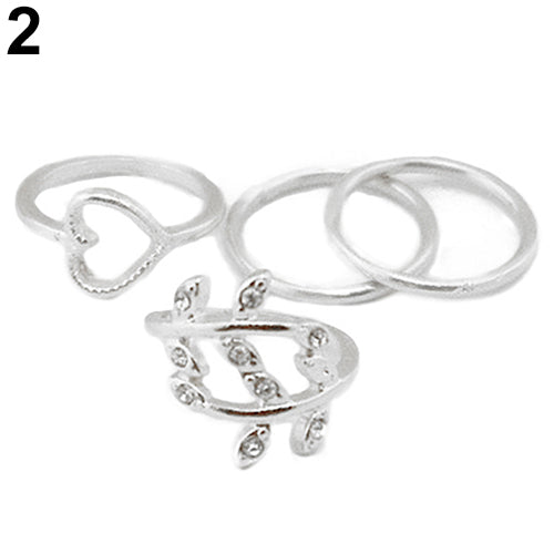 4Pcs/Set Rhinestone Leaf Heart Above Knuckle Midi Stack Ring Boho Party Jewelry