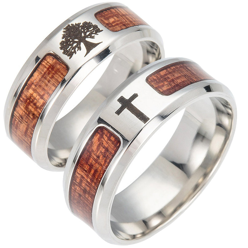 Unisex Wood Inlaid Stainless Steel Tree of Life Cross Finger Ring Jewelry Gift