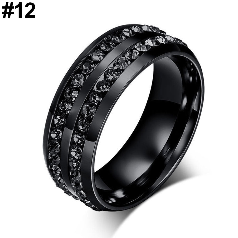 Women's Men's Fashion Black Rhinestone Stainless Steel Ring Wedding Band Gift