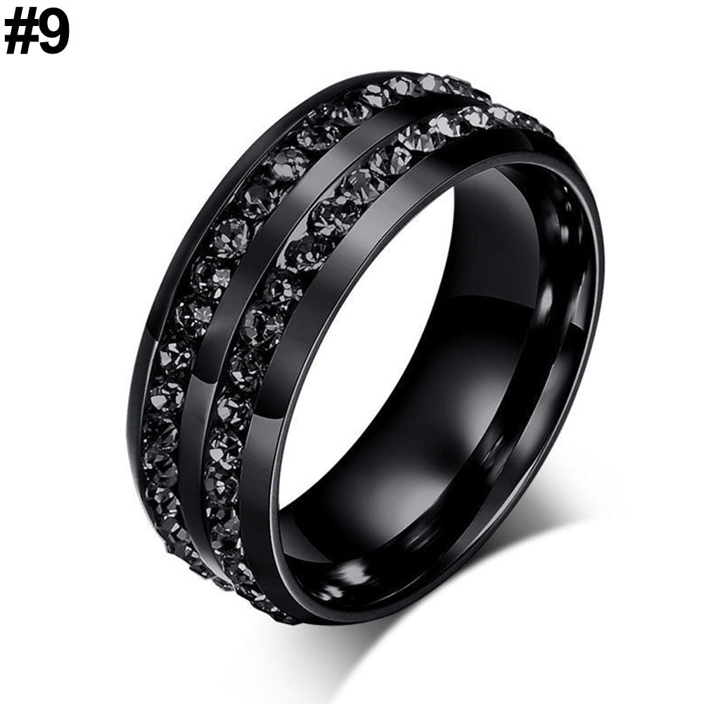 Women's Men's Fashion Black Rhinestone Stainless Steel Ring Wedding Band Gift