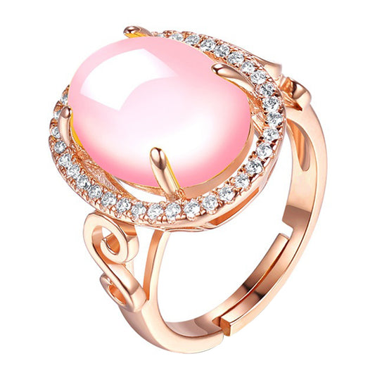 Women's Luxury Fashion Oval Rose Quartz Rhinestone Open Finger Ring Jewelry Gift