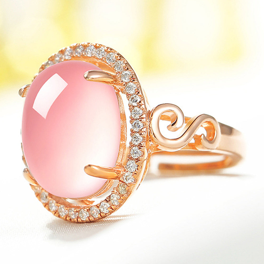 Women's Luxury Fashion Oval Rose Quartz Rhinestone Open Finger Ring Jewelry Gift