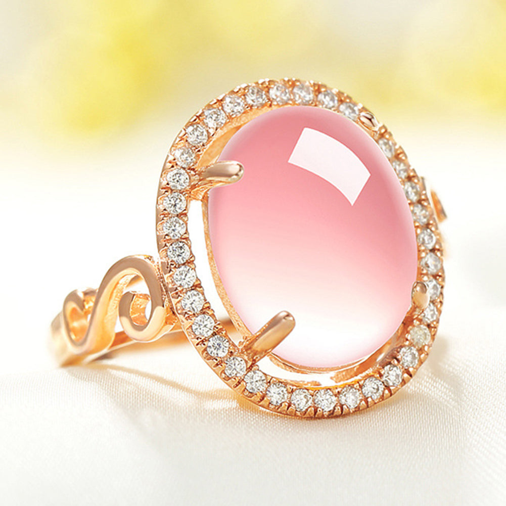 Women's Luxury Fashion Oval Rose Quartz Rhinestone Open Finger Ring Jewelry Gift