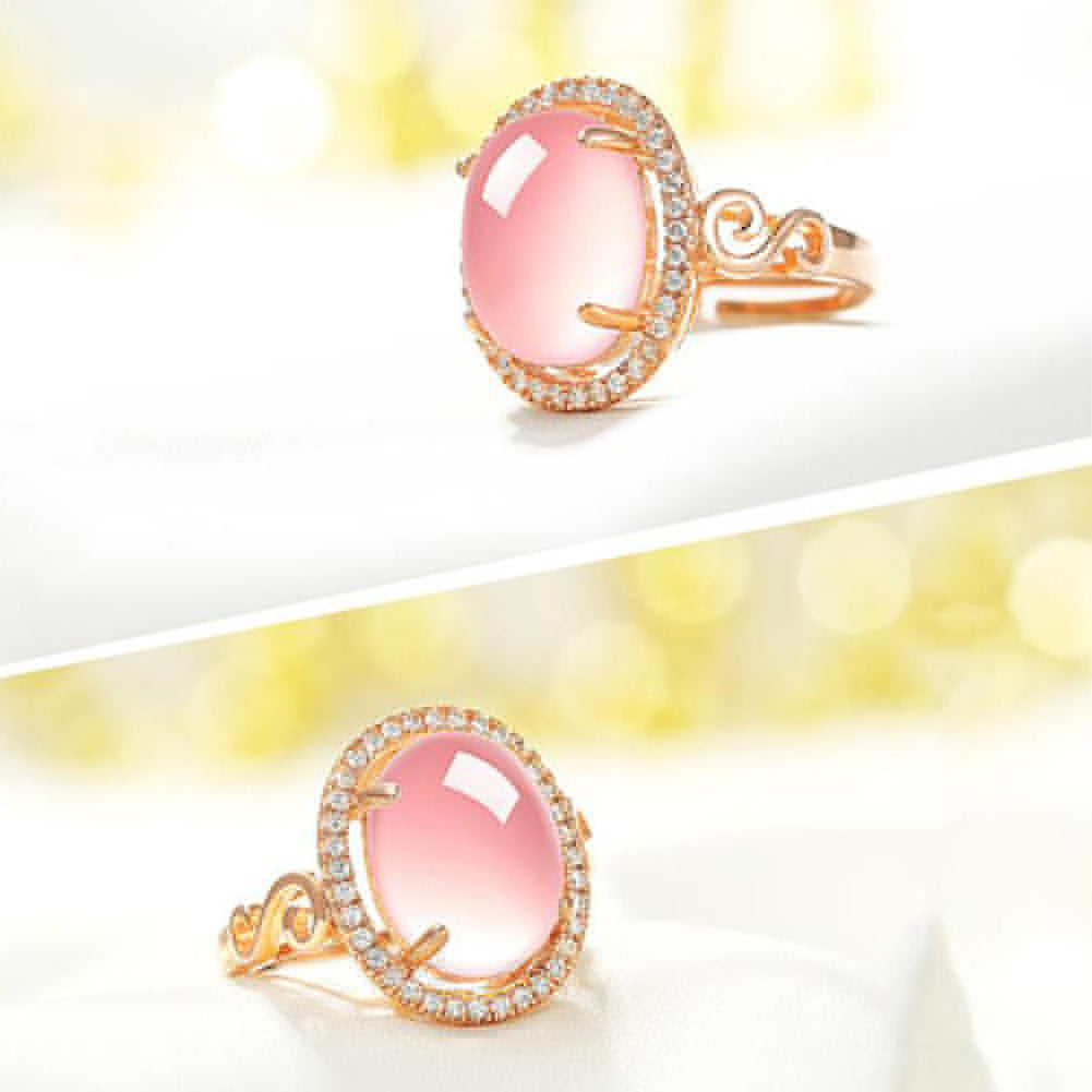 Women's Luxury Fashion Oval Rose Quartz Rhinestone Open Finger Ring Jewelry Gift