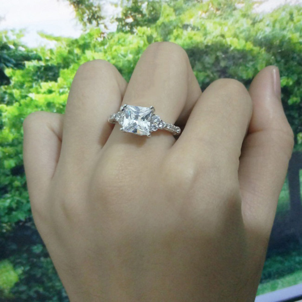 Shiny Clear Square Zircon Women Silver Plated Finger Ring Luxury Wedding Jewelry