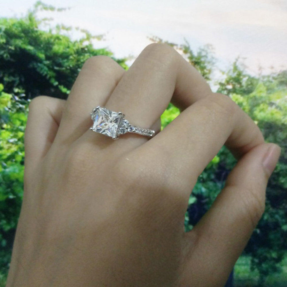 Shiny Clear Square Zircon Women Silver Plated Finger Ring Luxury Wedding Jewelry