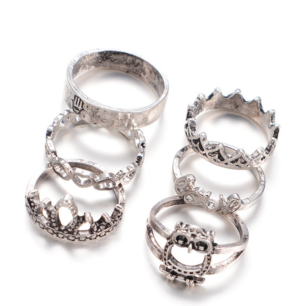 Retro 6Pcs Owl Crown Heart Love Women Hollow Stacking Knuckle Midi Band Ring Set