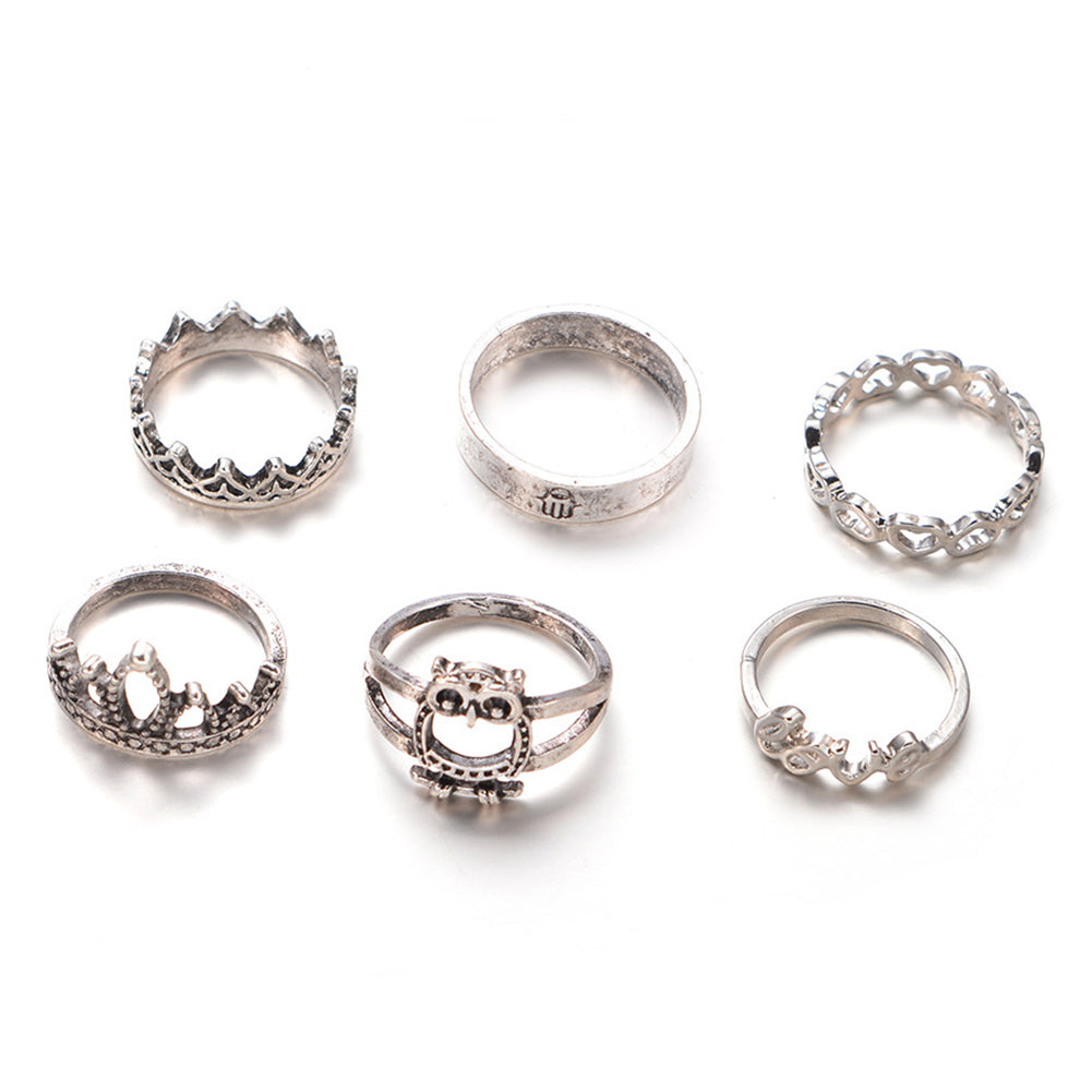 Retro 6Pcs Owl Crown Heart Love Women Hollow Stacking Knuckle Midi Band Ring Set