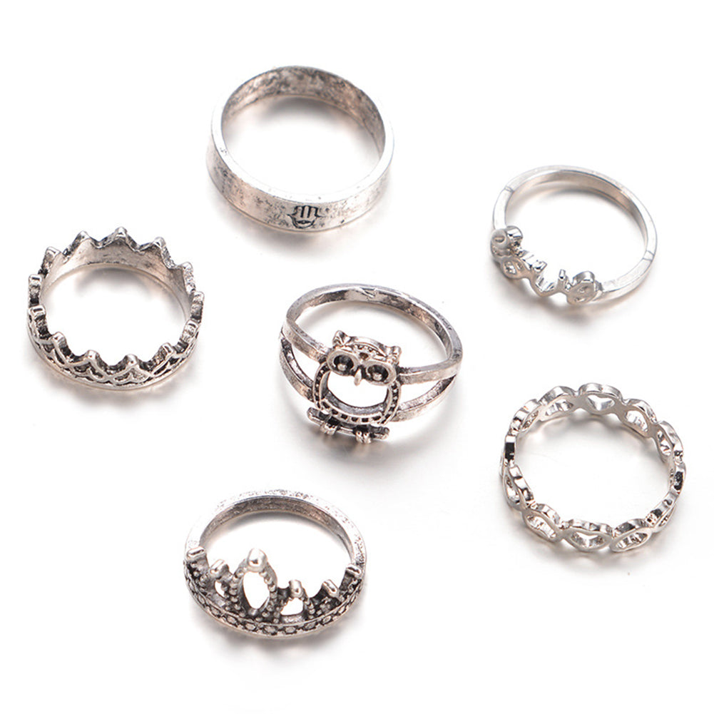 Retro 6Pcs Owl Crown Heart Love Women Hollow Stacking Knuckle Midi Band Ring Set