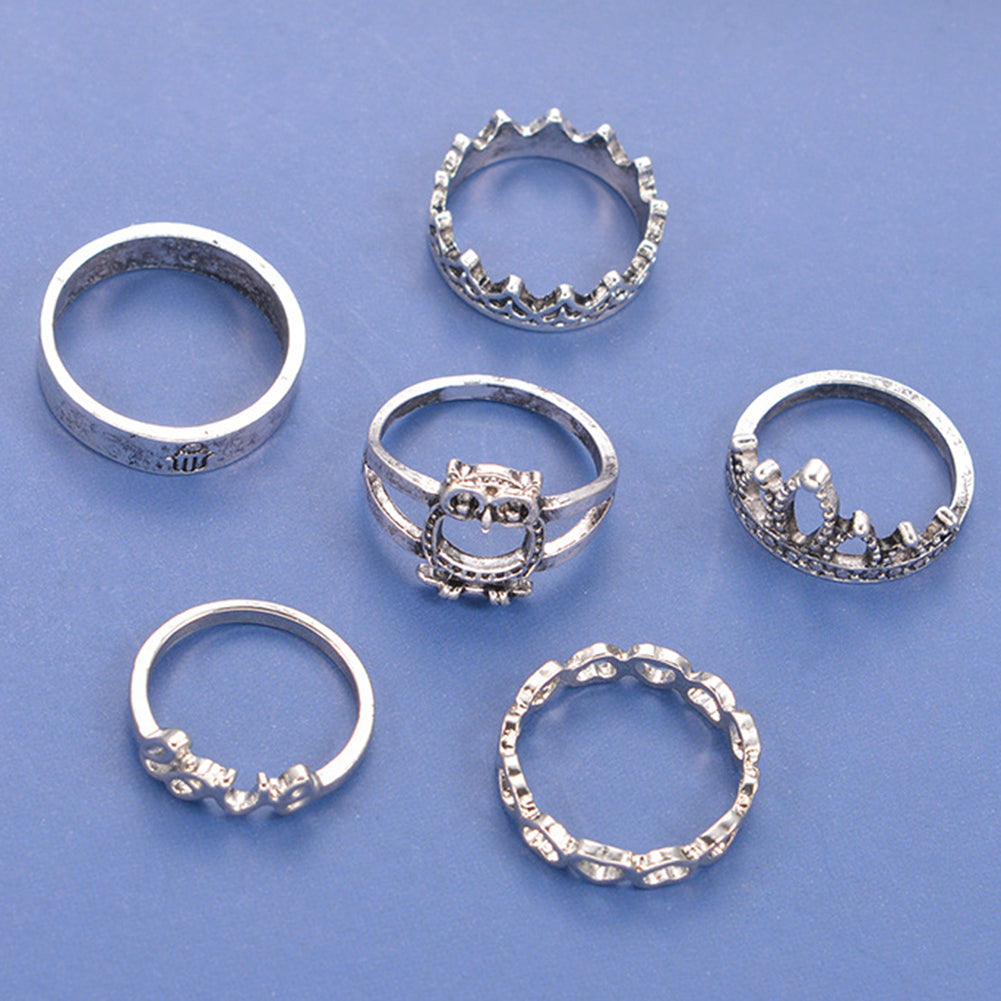 Retro 6Pcs Owl Crown Heart Love Women Hollow Stacking Knuckle Midi Band Ring Set