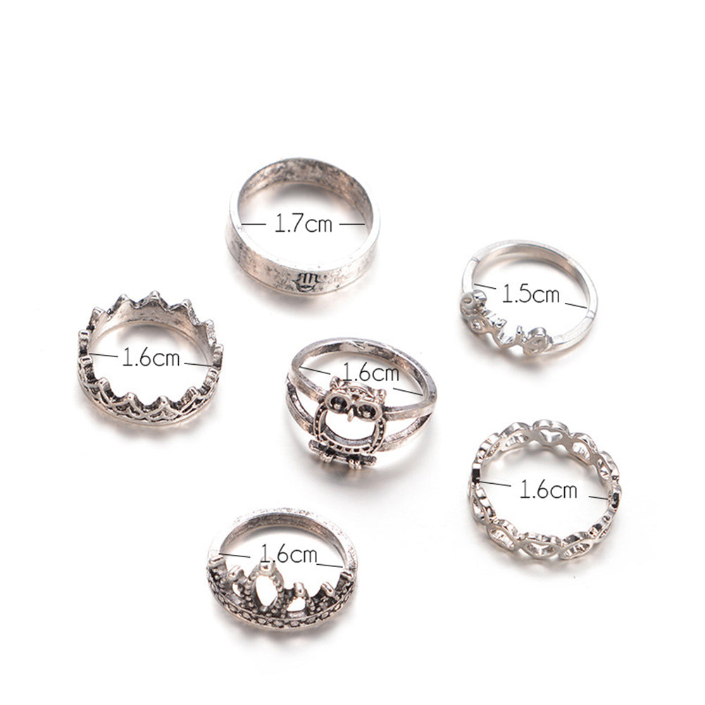 Retro 6Pcs Owl Crown Heart Love Women Hollow Stacking Knuckle Midi Band Ring Set
