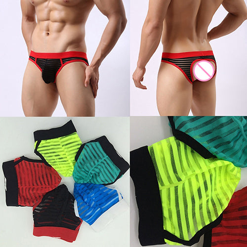 Men's Sexy Stripes Low Rise Bulge Pouch  See-Through Hollow Out Underwear Briefs