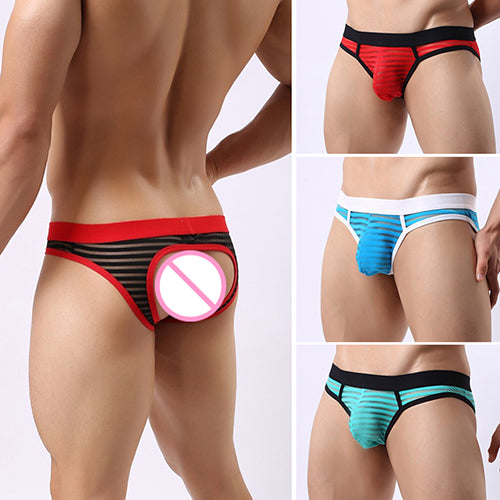 Men's Sexy Stripes Low Rise Bulge Pouch  See-Through Hollow Out Underwear Briefs