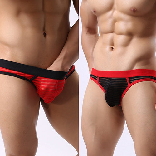 Men's Sexy Stripes Low Rise Bulge Pouch  See-Through Hollow Out Underwear Briefs