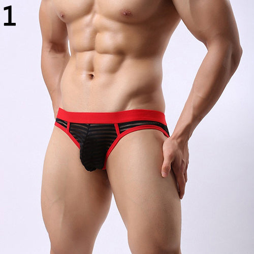 Men's Sexy Stripes Low Rise Bulge Pouch  See-Through Hollow Out Underwear Briefs