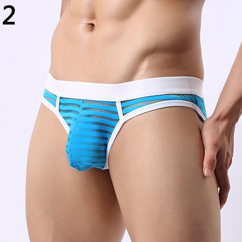 Men's Sexy Stripes Low Rise Bulge Pouch  See-Through Hollow Out Underwear Briefs
