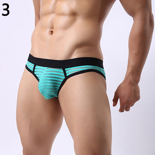 Men's Sexy Stripes Low Rise Bulge Pouch  See-Through Hollow Out Underwear Briefs