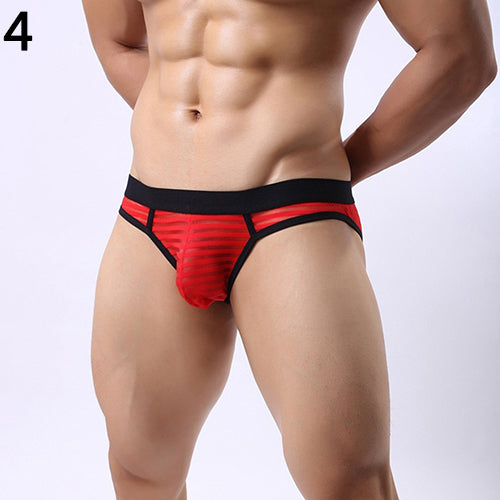 Men's Sexy Stripes Low Rise Bulge Pouch  See-Through Hollow Out Underwear Briefs