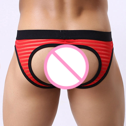 Men's Sexy Stripes Low Rise Bulge Pouch  See-Through Hollow Out Underwear Briefs
