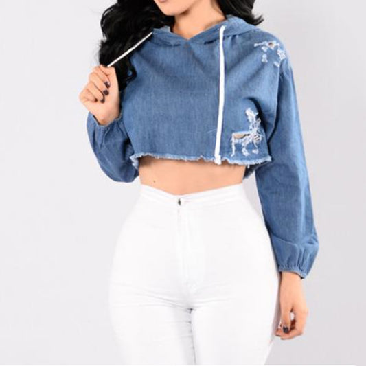 Women Sexy Fashion Ripped Denim Hooded Long Sleeve Slim Crop Top Shirt Hoodies