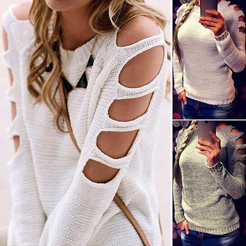 Women's Casual Sweet O-neck Long Hollow Sleeve Pullover Knitwear Sweater Tops