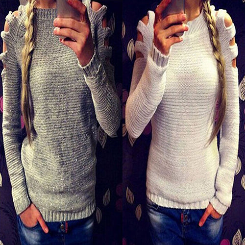 Women's Casual Sweet O-neck Long Hollow Sleeve Pullover Knitwear Sweater Tops